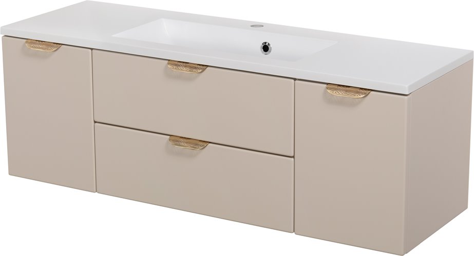 Piaskowa szafka łazienkowa wisząca z umywalką złoty uchwyt 120 cm Magnolia