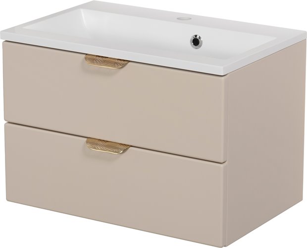 Piaskowa szafka łazienkowa wisząca z umywalką złoty uchwyt 60 cm Magnolia