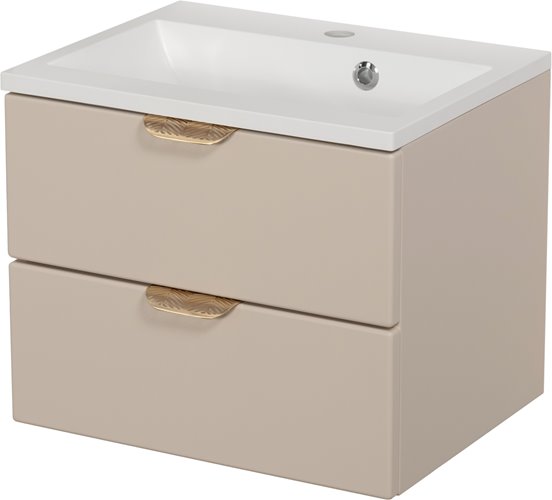 Piaskowa szafka łazienkowa wisząca z umywalką złoty uchwyt 50 cm Magnolia