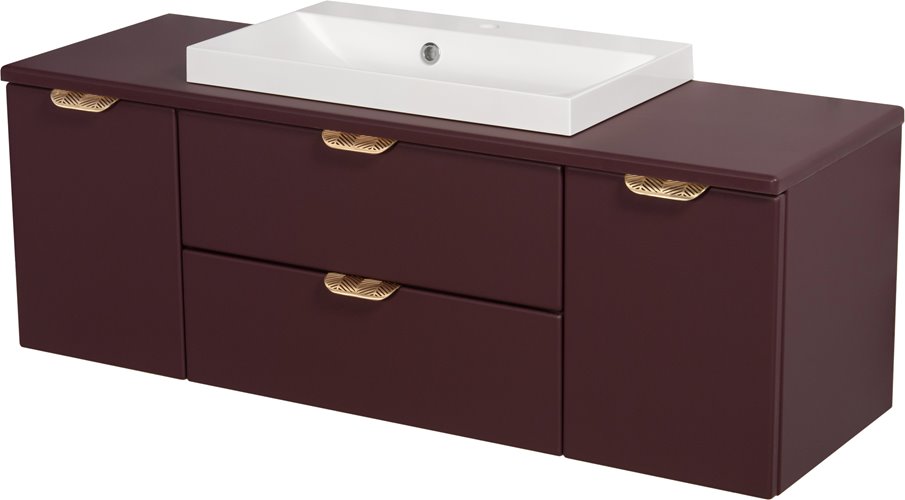 Burgundowa szafka łazienkowa wisząca z białą umywalką nablatową złoty uchwyt 120 cm Magnolia