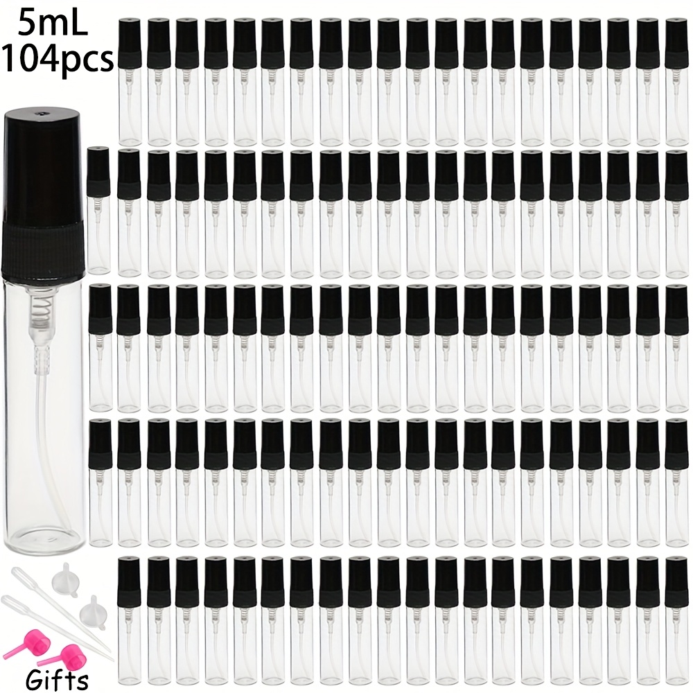 TEMU Zestaw hurtowy 104 sztuk wysokiej jakości przezroczystych butelek do perfum w rozmiarach 2ml, 3ml i 5ml z czarnymi atomizerami. Ultra-drobny