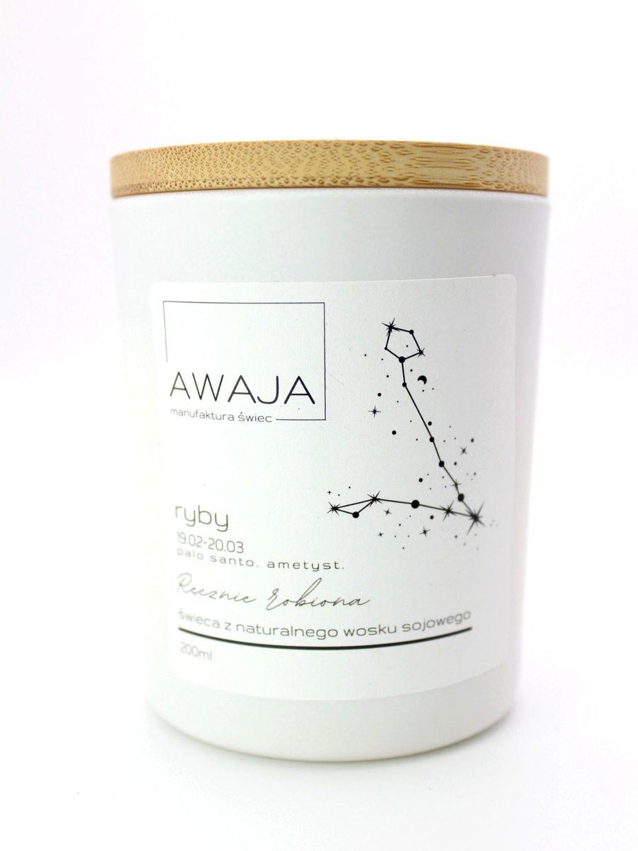 Świeca zodiakalna Ryby – biała, sojowa, zapachowa, handmade, prezent