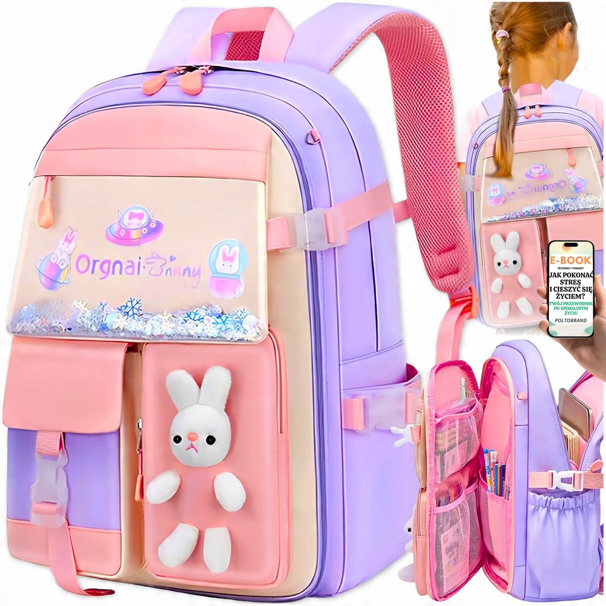 LEKKI PLECAK SZKOLNY DLA DZIEWCZYNKI 1 2 3 KLASA – KOMFORTOWY TORNISTER Z KRÓLICZKIEM RÓŻOWY DLA UCZENNICY + ORGANIZACJA + EBOOK-1