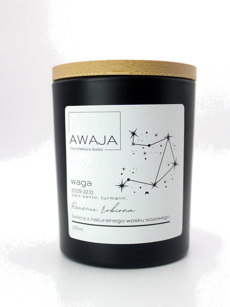 Świeca zodiakalna Waga – czarna, sojowa, zapachowa, handmade, prezent