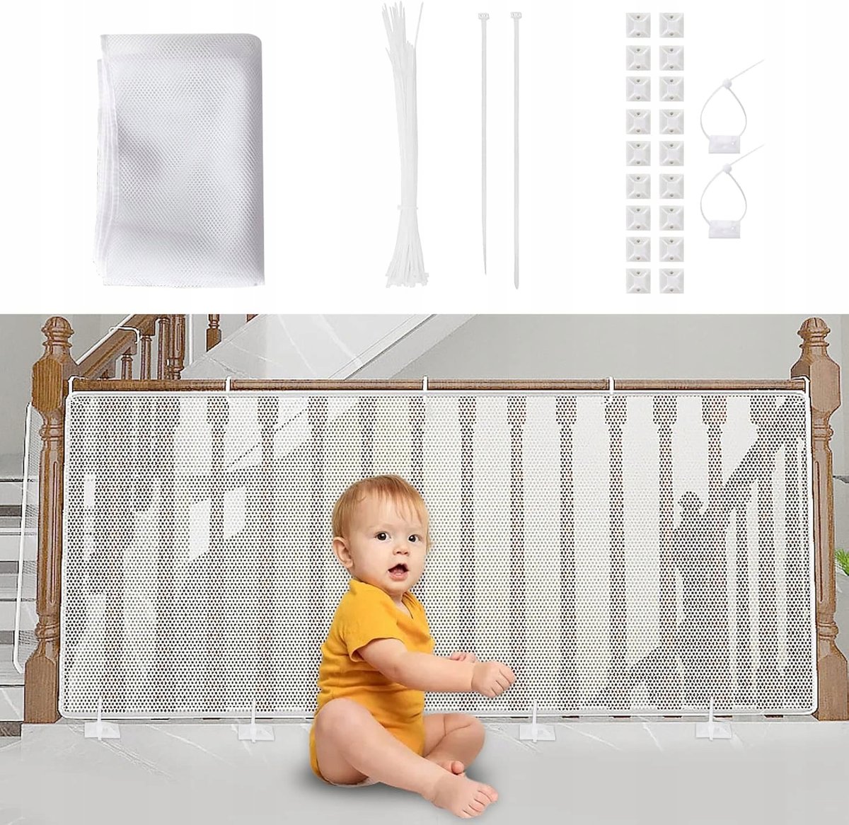 Siatka Zabezpieczająca Balustrady Schody Ochrona Dla Dzieci Biała 300X90Cm
