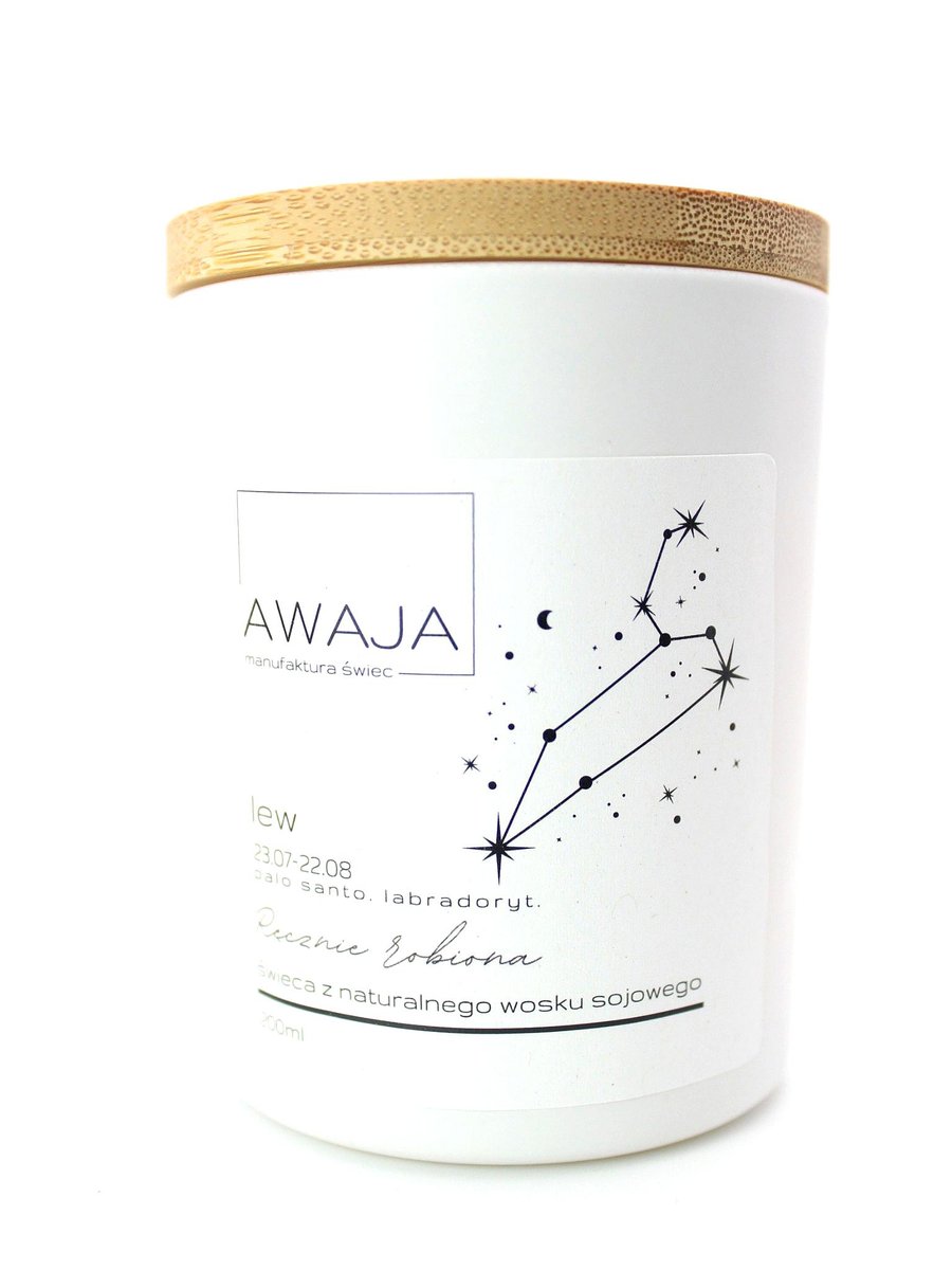 Świeca zodiakalna Lew – biała, sojowa, zapachowa, handmade, prezent
