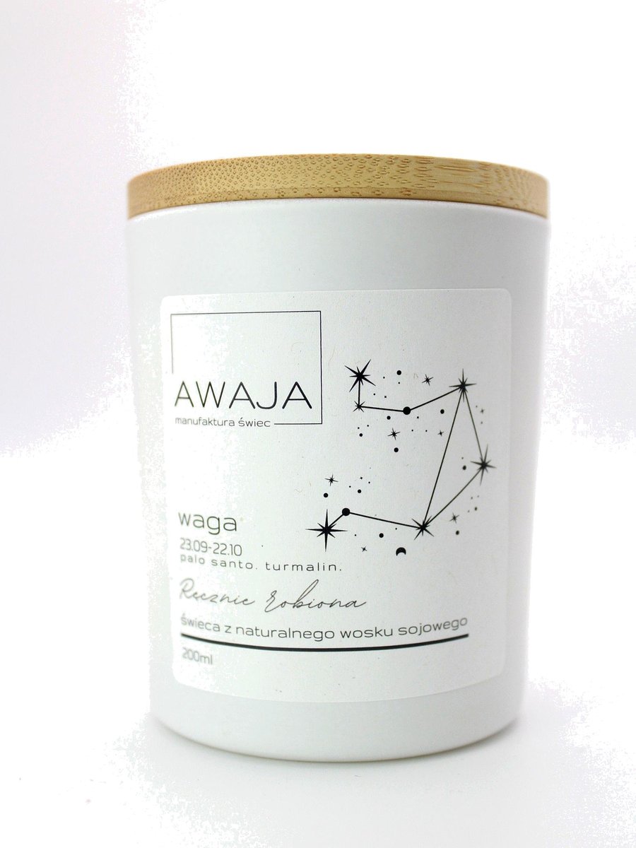 Świeca zodiakalna Waga – biała, sojowa, zapachowa, handmade, prezent
