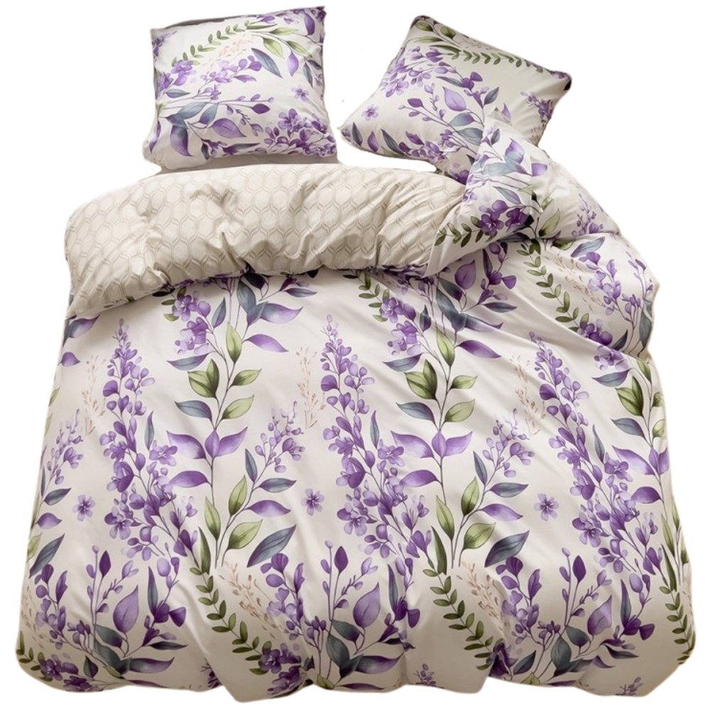 POŚCIEL 200x220 DWUSTRONNA BAWEŁNA SATYNA GierekHoff KOMPLET 3 cz. FIOL/KWI