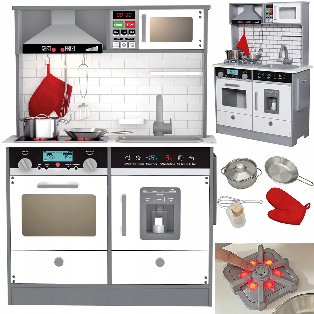 2 x Wielka Drewniana Kuchnia dla Dzieci Zestaw Akcesoria Światła LED PALNIK