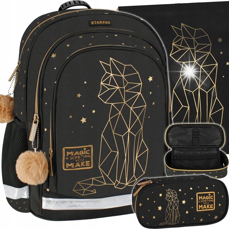 ZESTAW PLECAK SZKOLNY DLA DZIEWCZYNKI ZŁOTY KOT KLASA 13 PIÓRNIK WOREK