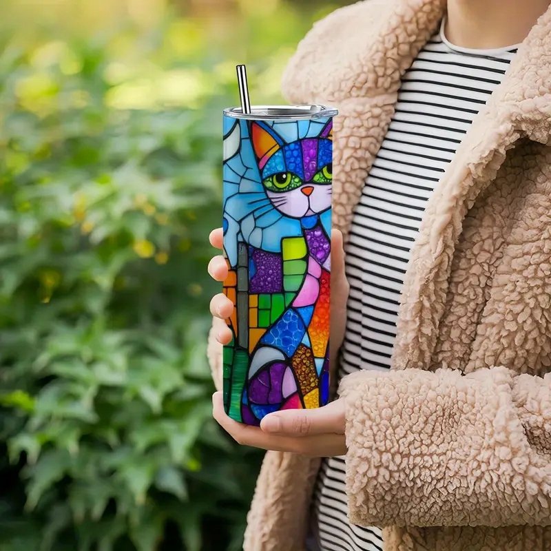 Kubek termiczny termos 600 ml kolorowy KOT stalowy słomka ART DECO WITRAŻ