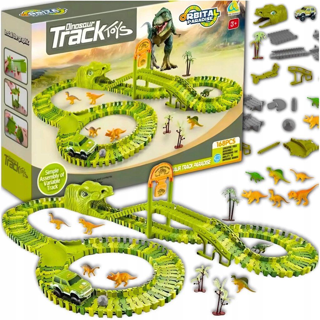 2 x MEGA TOR WYŚCIGOWY DINO PARK DINOZAURÓW 169 EL DINOZAURY SAMOCHODZIK TO