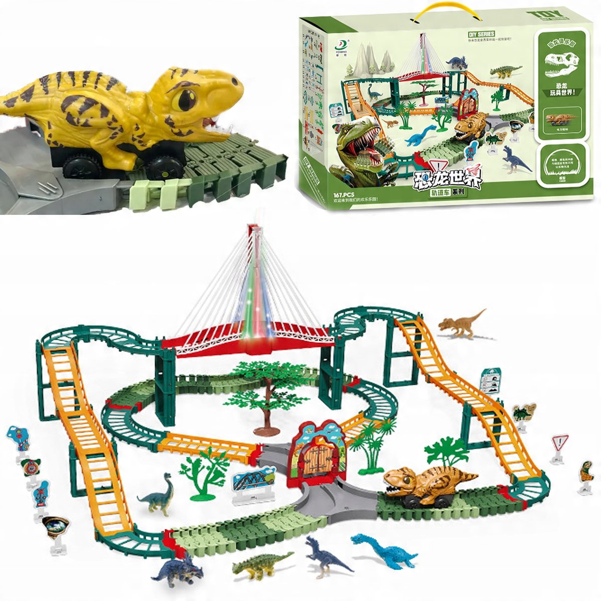 2 x DUŻY TOR WYŚCIGOWY DINO PARK DINOZAUR KOLEJKA ŚWIATŁO DŹWIĘK 167 EL. MA