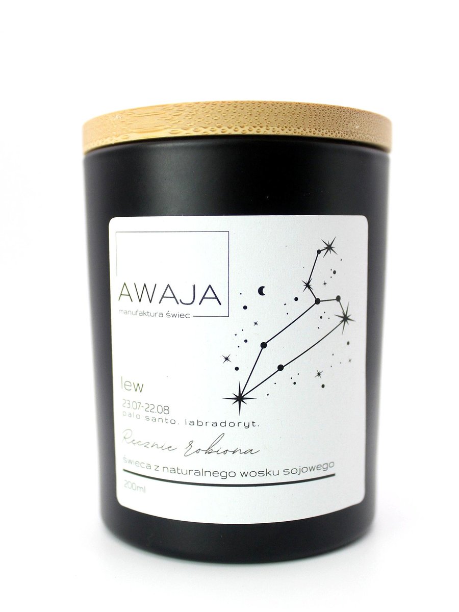 Świeca zodiakalna Lew – czarna, sojowa, zapachowa, handmade, prezent