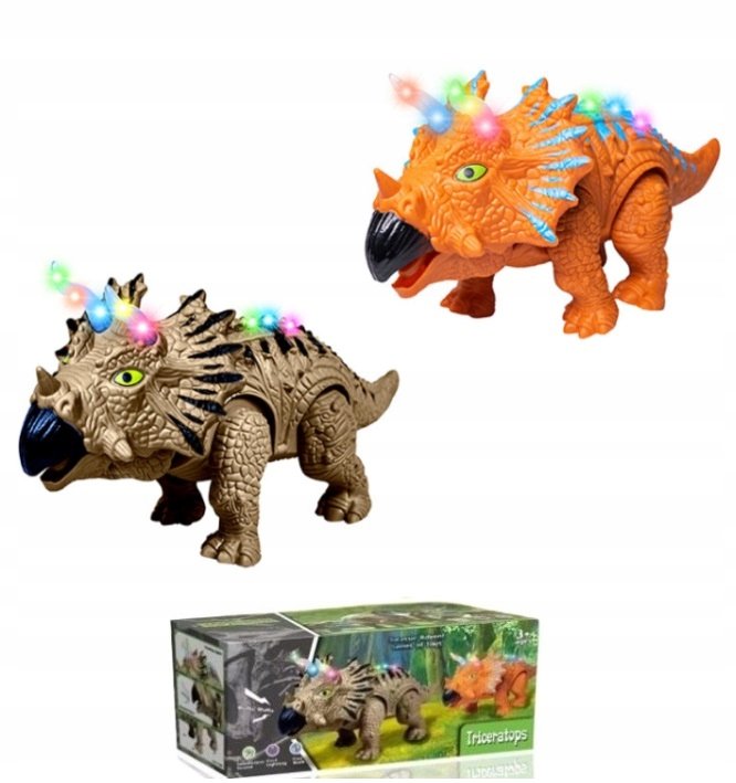 DINOZAUR ELEKTRYCZNY CHODZ��CY TRICERATOPS ZE ��WIAT��EM I D��WI��KIEM