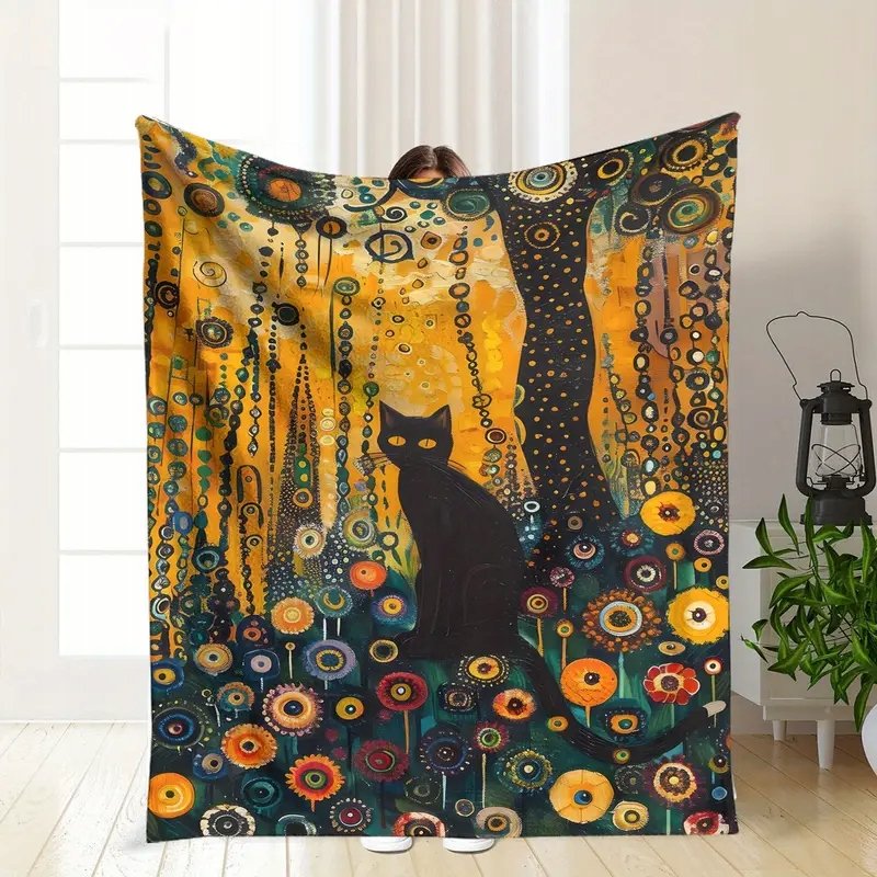 Koc czarny kot rośliny kwiaty BOHO ART 130x150 cm miękki ciepły prezent