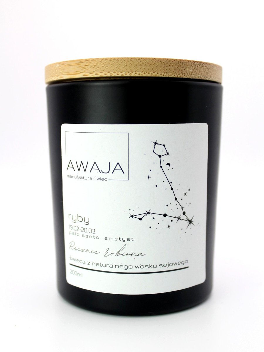 Świeca zodiakalna Ryby – czarna, sojowa, zapachowa, handmade, prezent