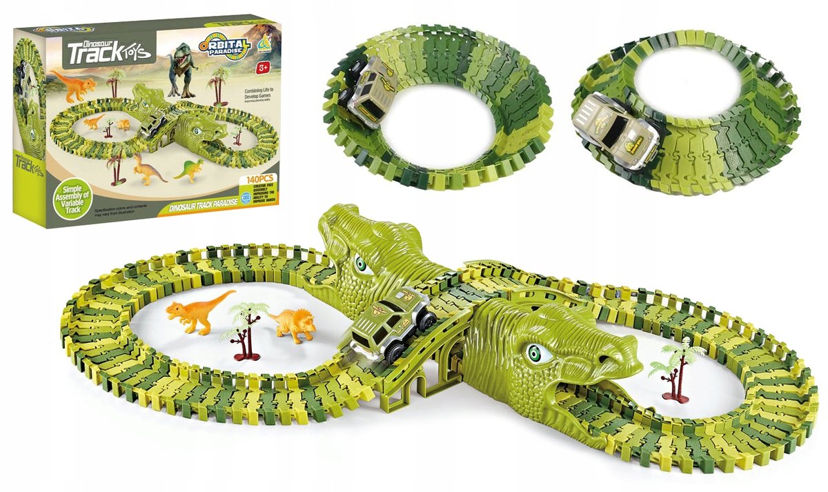 2 x MEGA TOR WYŚCIGOWY DINO PARK DINOZAURÓW 169 EL DINOZAURY SAMOCHODZIK TO