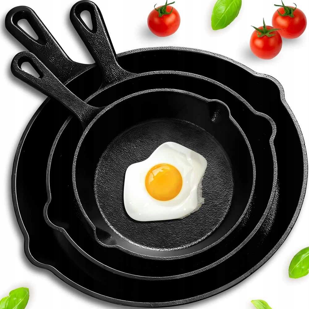 Patelnie żeliwne 20/25/30cm zestaw 3 szt ciężkie głębokie indukcja gaz