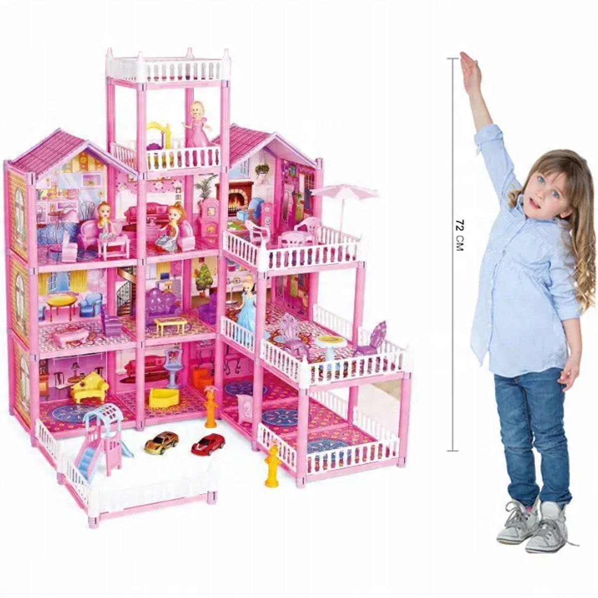 2 x DUŻY DOMEK DLA LALEK Meble ZESTAW Taras Lalka 4 PIĘTRA AKCESORIA MATADI
