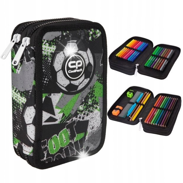 PIÓRNIK SZKOLNY DWUKOMOROWY Z WYPOSAŻENIEM PODWÓJNY PIŁKA FOOTBALL