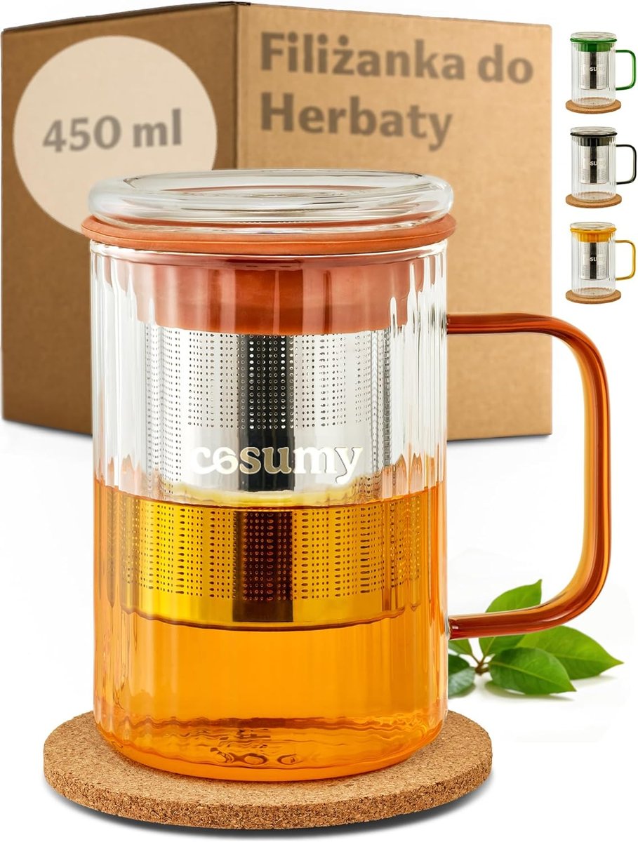 Filiżanka Do Picia Herbaty Szklana Z Pokrywką I Sitkiem Żaroodporne 450Ml