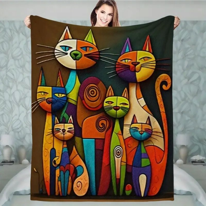 Duży ciepły koc kolorowy z kotami 150x200 cm miękki POP ART kocia rodzina