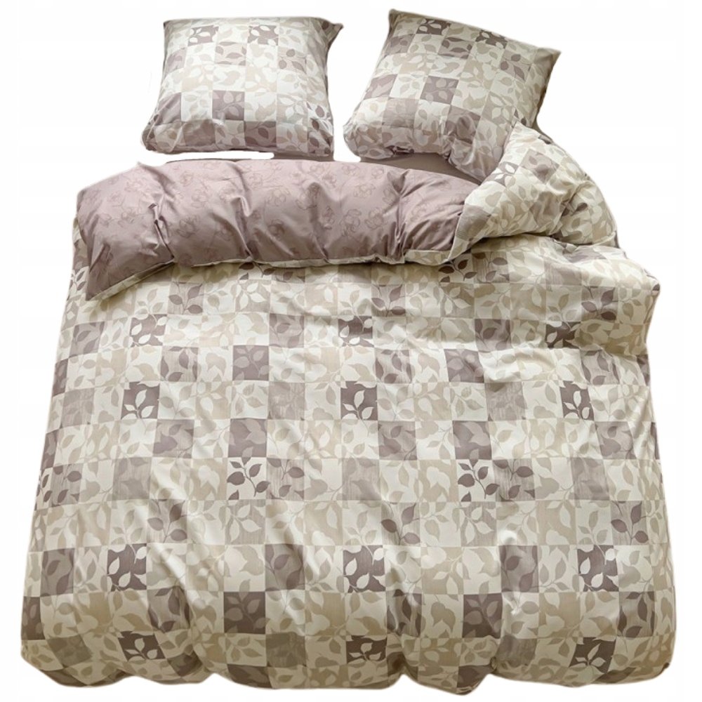 POŚCIEL 140x200 DWUSTRONNA BAWEŁNA SATYNA GierekHoff KOMPLET 2 cz. BEŻ/KWAD