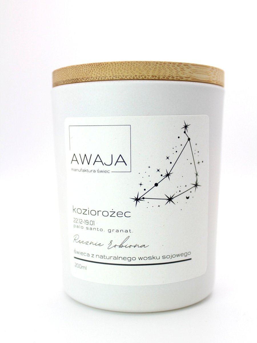 Świeca zodiakalna Koziorożec – biała, sojowa, zapachowa, handmade, prezent