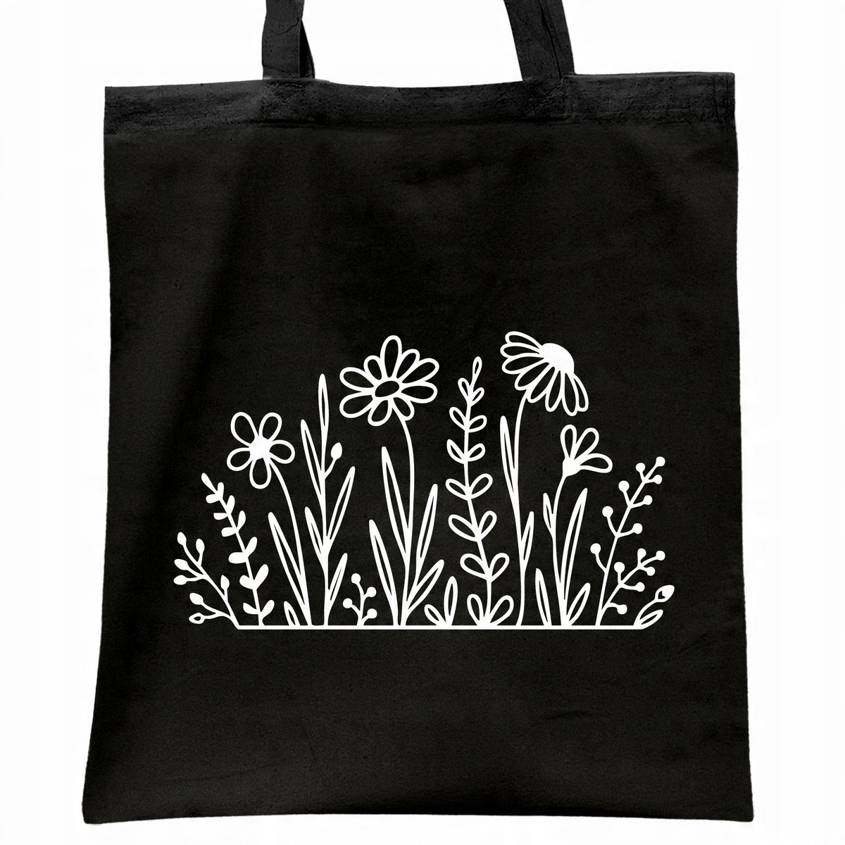 Torba bawełniana czarna na zakupy Kwiatki Minimalizm