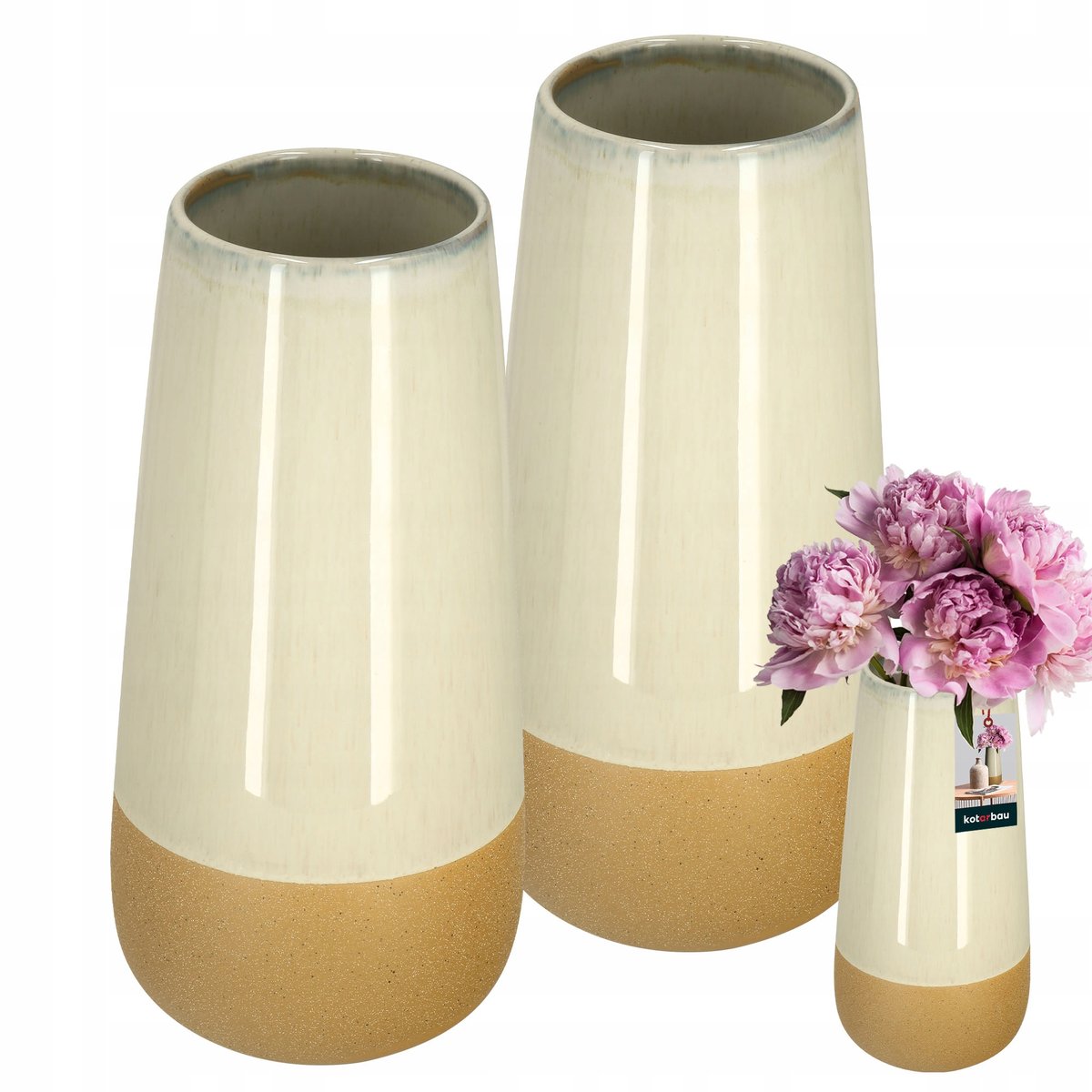 ZESTAW 2X WAZON CERAMICZNY WYSOKI 27X13 KREMOWY POMARAŃCZOWY HANDMADE KWIAT