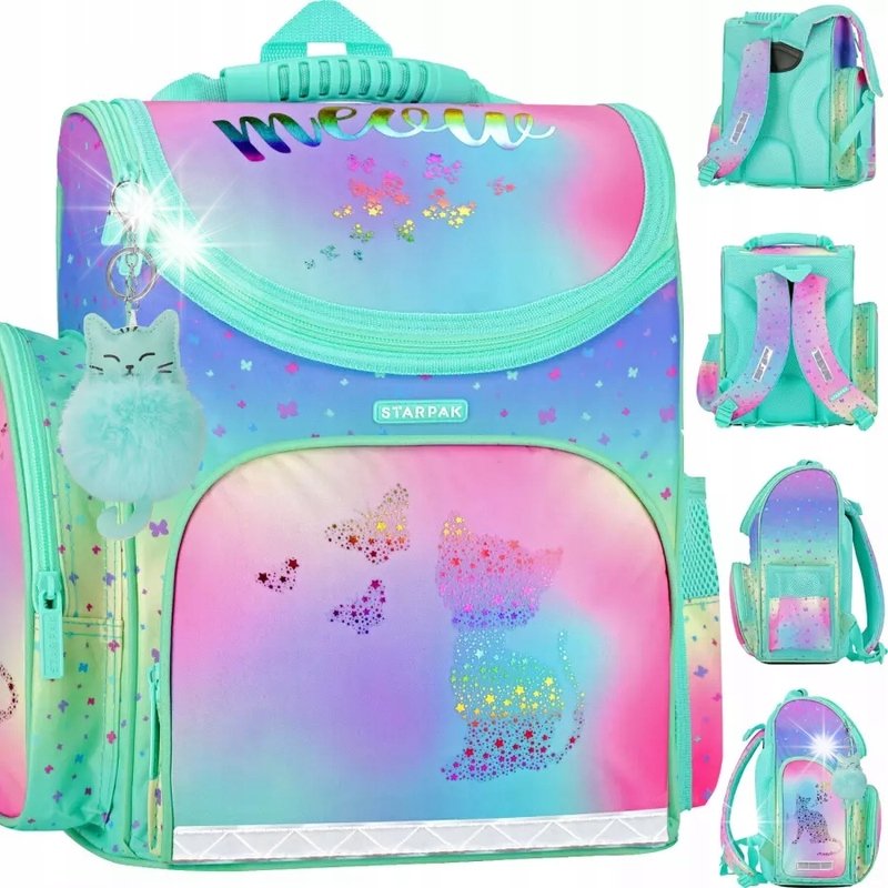 TORNISTER SZKOLNY PLECAK DLA DZIEWCZYNKI HOLO OMBRE Z KOTKIEM KOT KOTEK