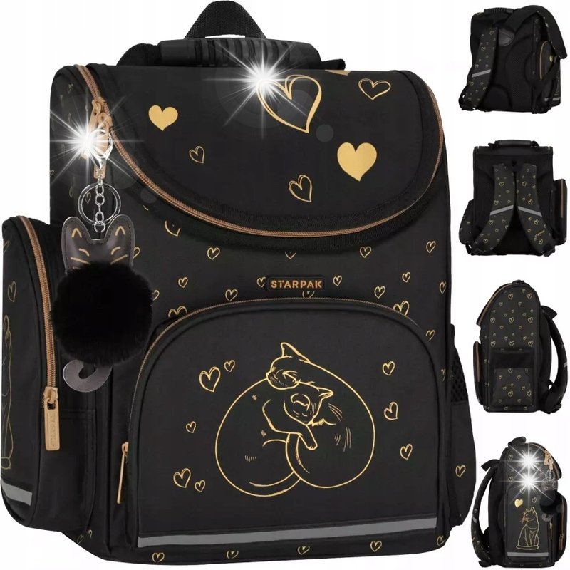 TORNISTER SZKOLNY PLECAK DLA DZIEWCZYNKI CZARNY ZŁOTY KOTEK KOTKI SERDUSZKA
