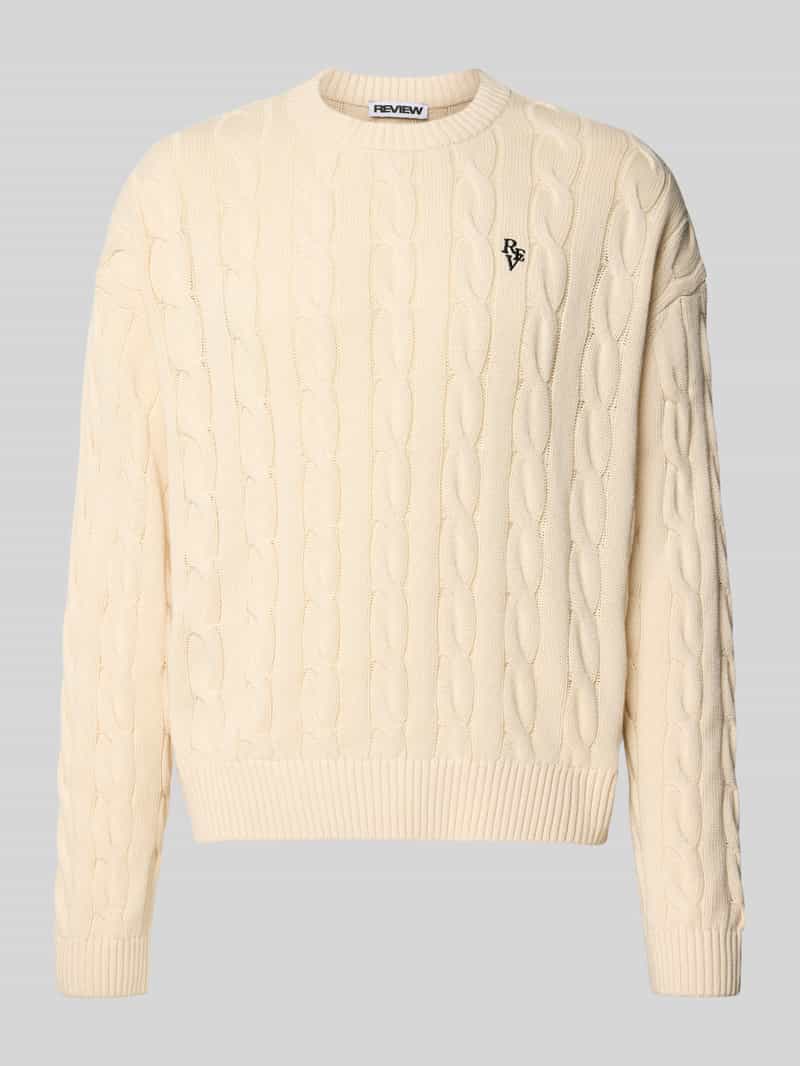 Sweter z dzianiny ze ściegiem warkoczowym i wyhaftowanym logo