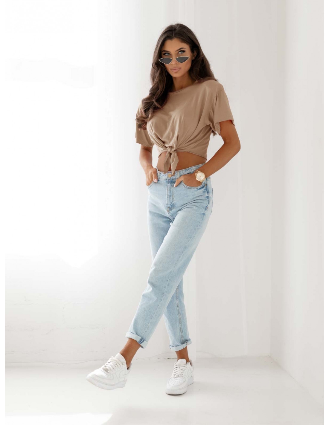 Wiązany top z wiskozy TOLA - beżowy