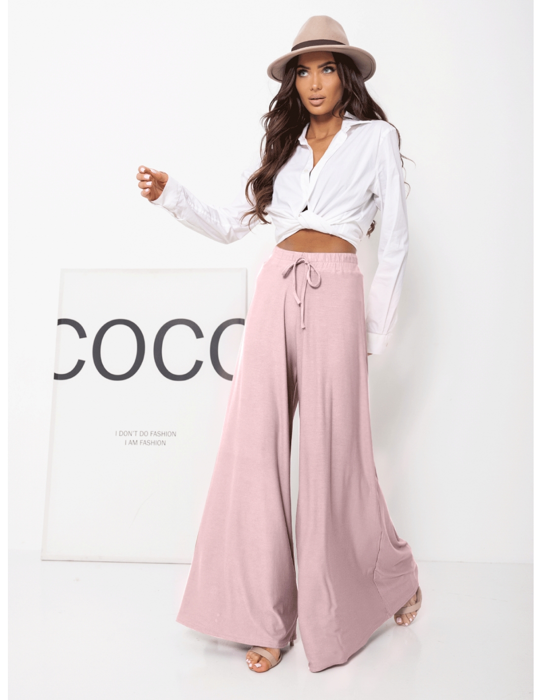 Stylowe szerokie spodnie z wiskozy ANWEN - brudny róż