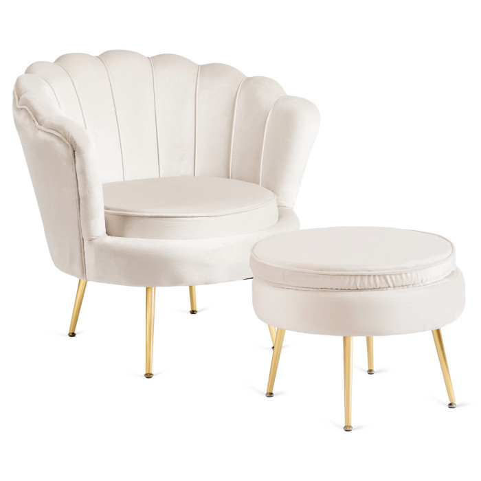 Fotel Wypoczynkowy GRAND z Podnóżkiem Muszelka Kremowy Welurowy Glamour