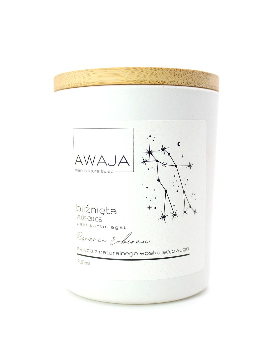 Świeca zodiakalna Bliźnięta – biała, sojowa, zapachowa, handmade, prezent