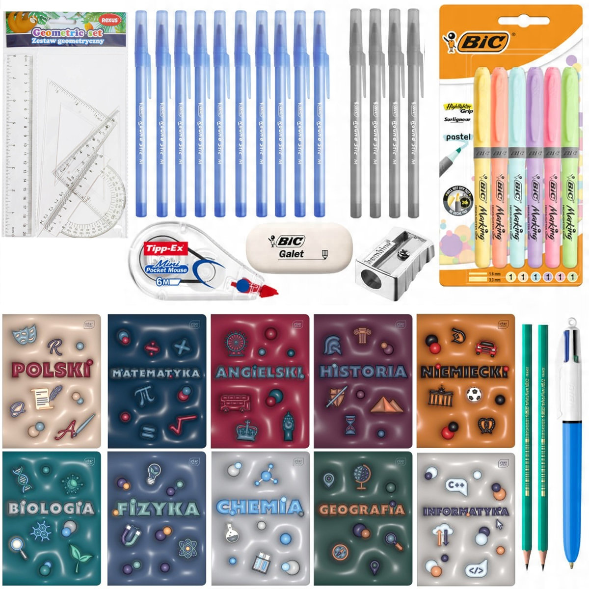 MEGA zestaw wyprawka szkolna do klas 7-8 i liceum, BIC, XXL 40 elementów w tym 10 zeszytów przedmiotowych