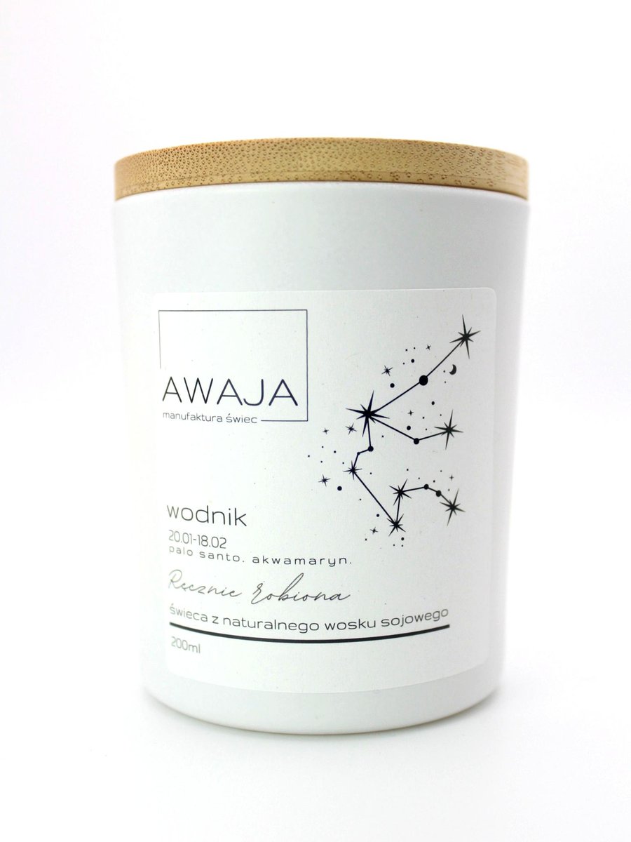 Świeca zodiakalna Wodnik – biała, sojowa, zapachowa, handmade, prezent