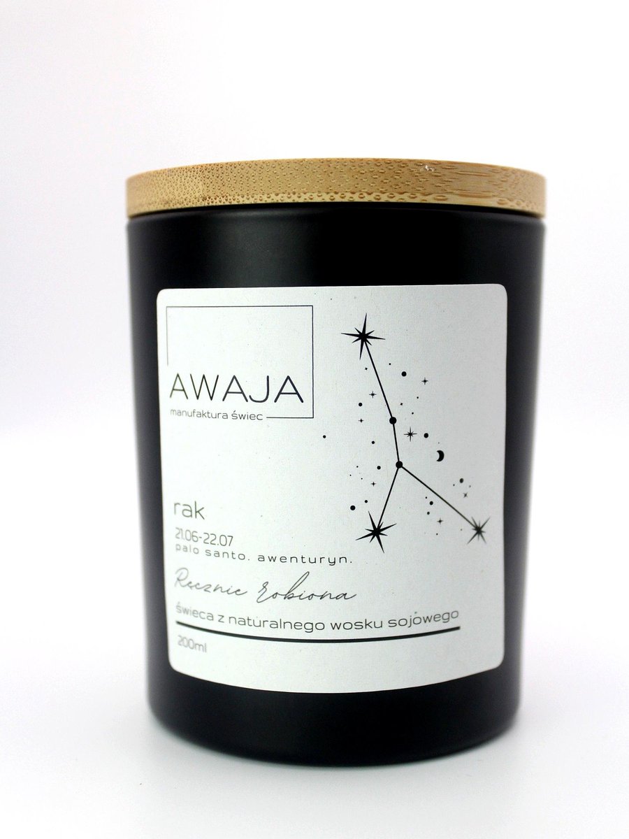 Świeca zodiakalna Rak – czarna, sojowa, zapachowa, handmade, prezent