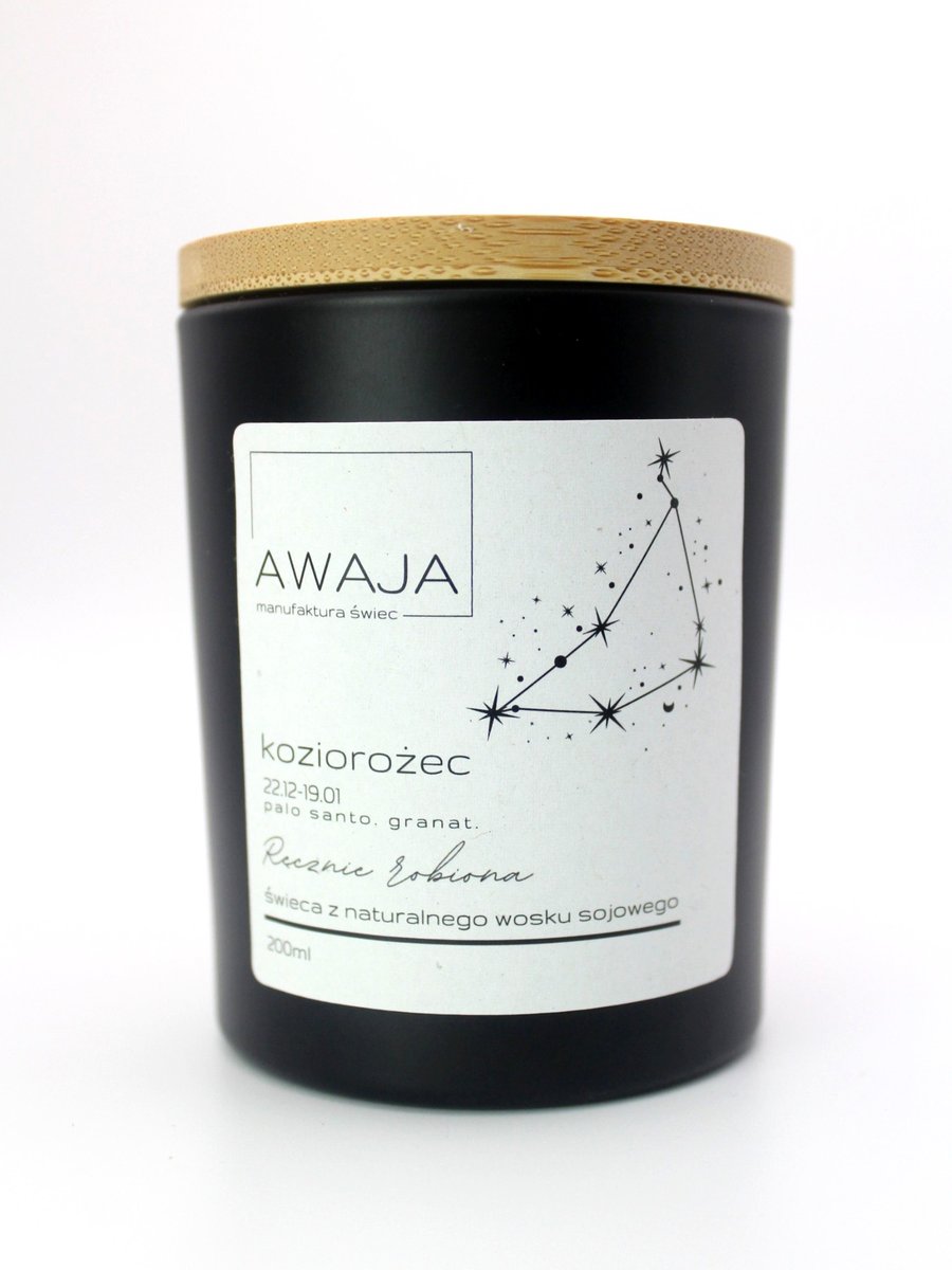 Świeca zodiakalna Koziorożec – czarna, sojowa, zapachowa, handmade, prezent