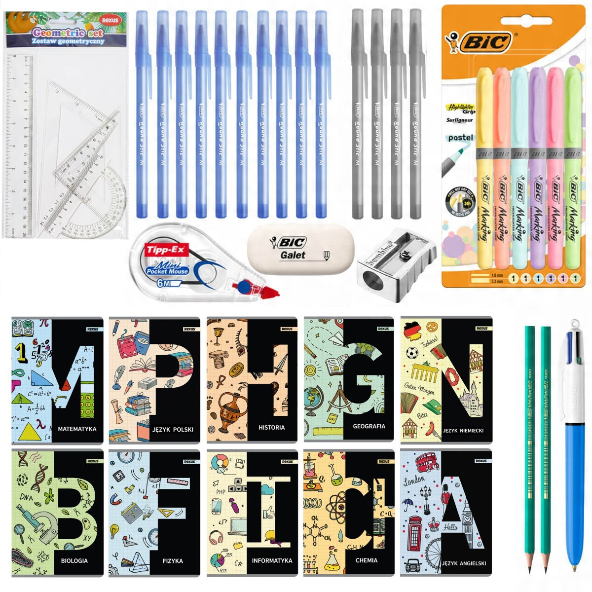 MEGA zestaw wyprawka szkolna do klas 7-8 i liceum, BIC, XXL 39 elementów w tym 10 zeszytów przedmiotowych