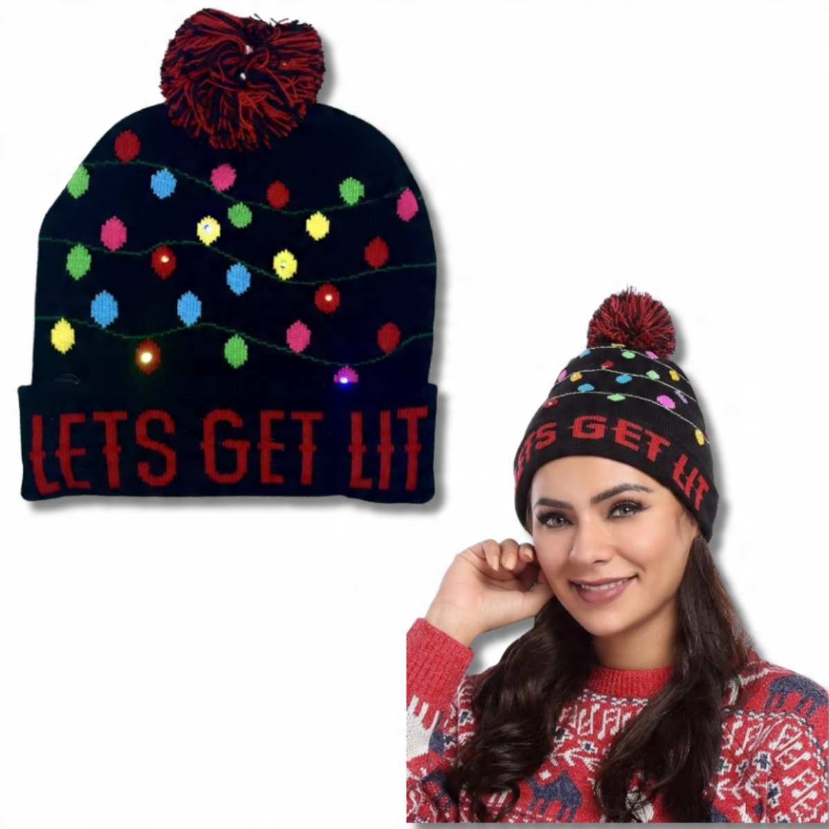 Czapka Świąteczna Unisex Czarna z Lampkami Świecąca LED