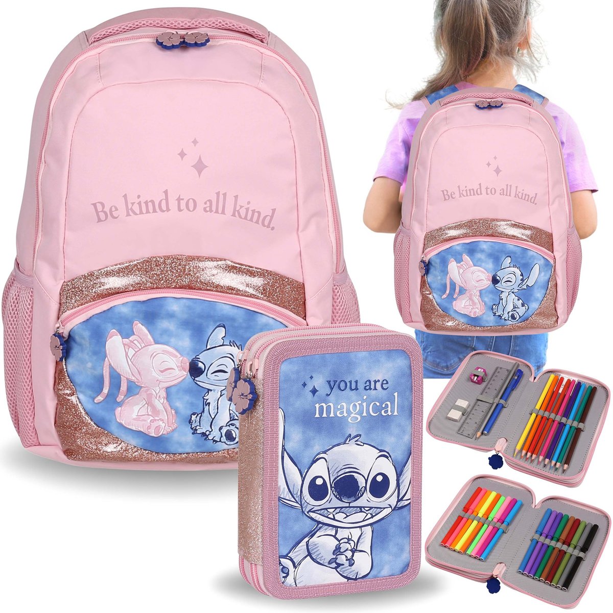 DISNEY Stitch ZESTAW SZKOLNY dla dziewczynki: usztywniany PLECAK + PIÓRNIK z wyposażeniem, WYPRAWKA SZKOLNA