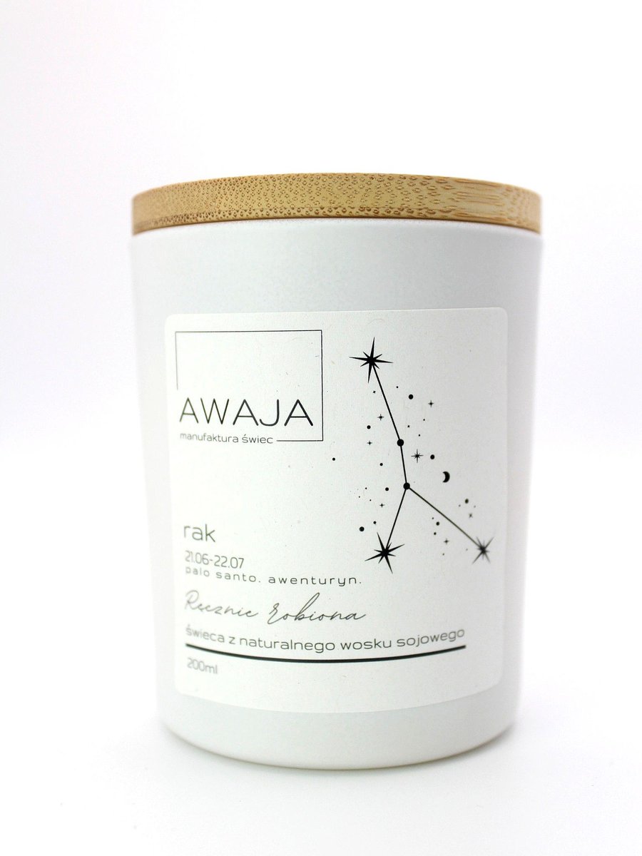 Świeca zodiakalna Rak – biała, sojowa, zapachowa, handmade, prezent
