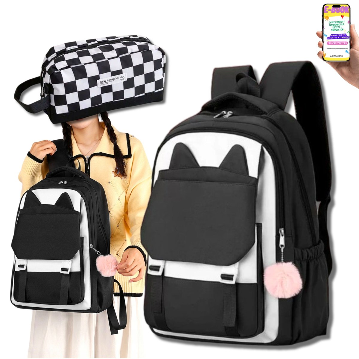 PLECAK SZKOLNY MŁODZIEŻOWY KOT KOTEK CAT DLA DZIEWCZYNKI + PIÓRNIK + BRELOK + KŁÓDKA 4w1 – WODOODPORNY, MODNY, POJEMNY + EBOOK