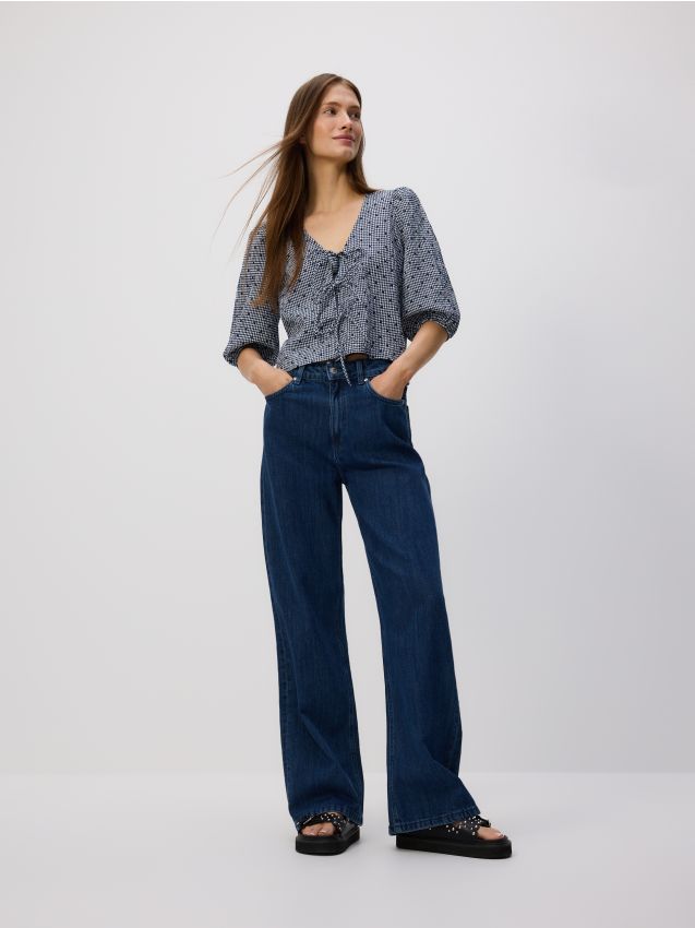 Reserved - Jeansy wide leg z dodatkiem lnu - granatowy