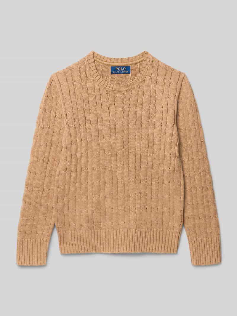 Sweter z dzianiny ze ściegiem warkoczowym i okrągłym dekoltem
