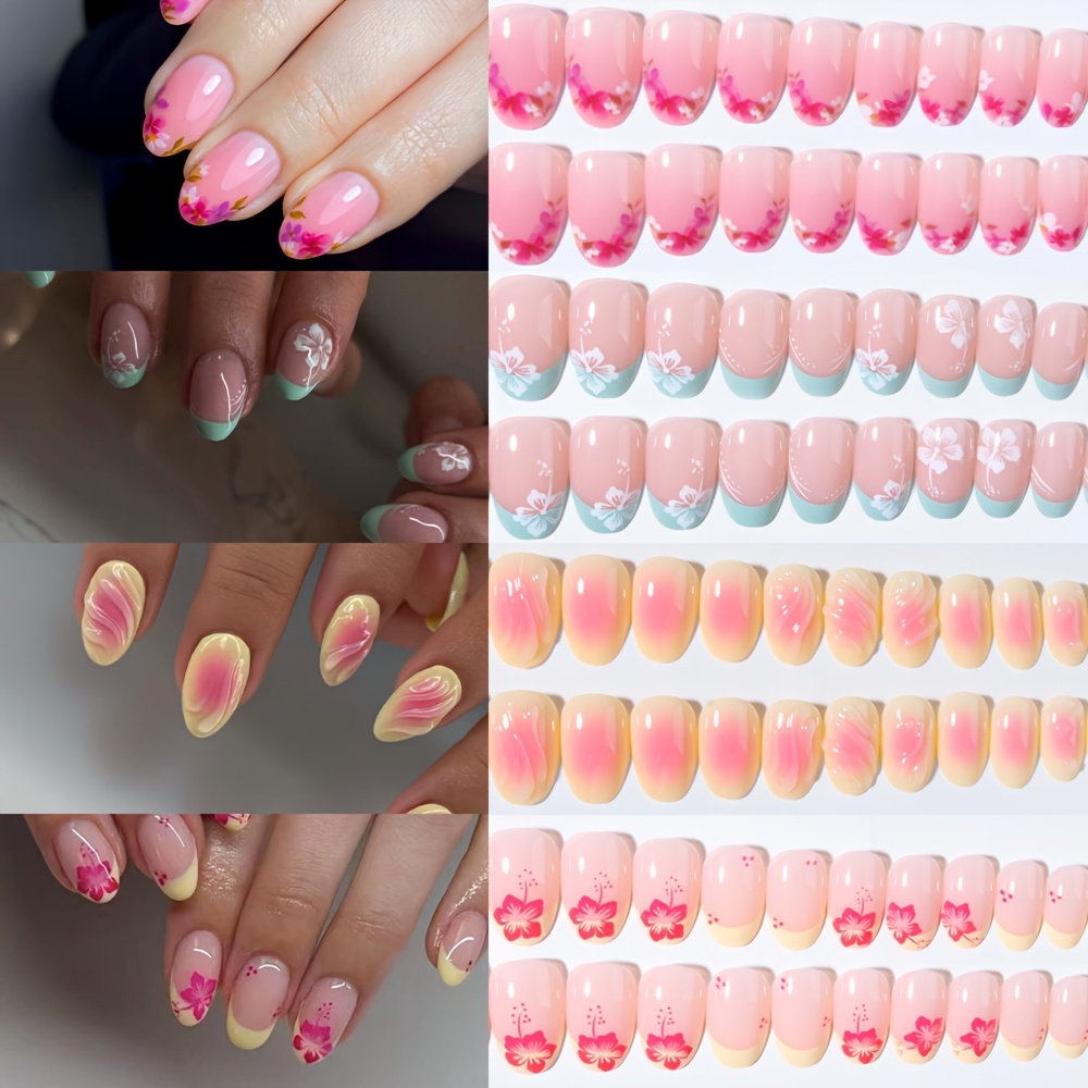 TEMU 96 szt. Krótkie Owalne Sztuczne Paznokcie, Wielokolorowe Gradientowe Kwiatowe Naklejki w Stylu Francuskim Minimalistycznym, Zestaw Manicure Y2K